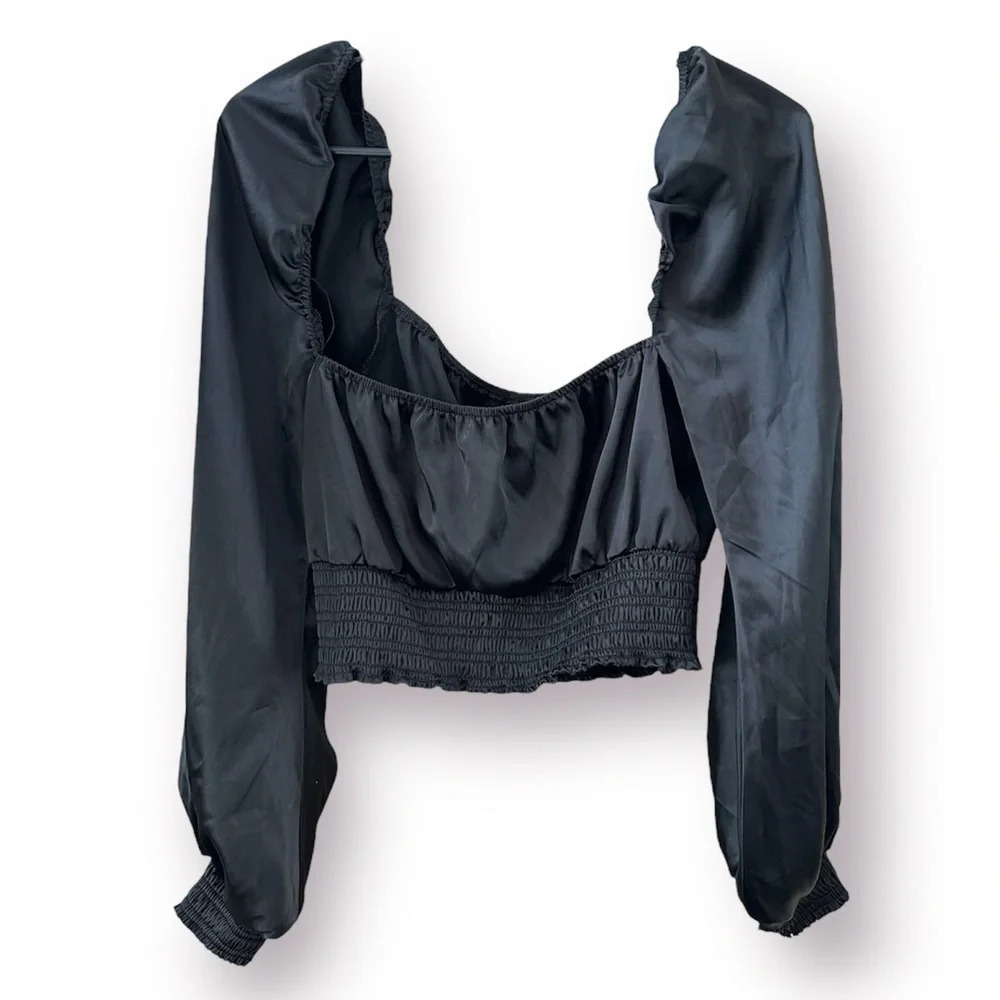 AFRM Satin Peasant Shirt Top Long Puff Sleeve Cropped Ruched Black Large Revolve